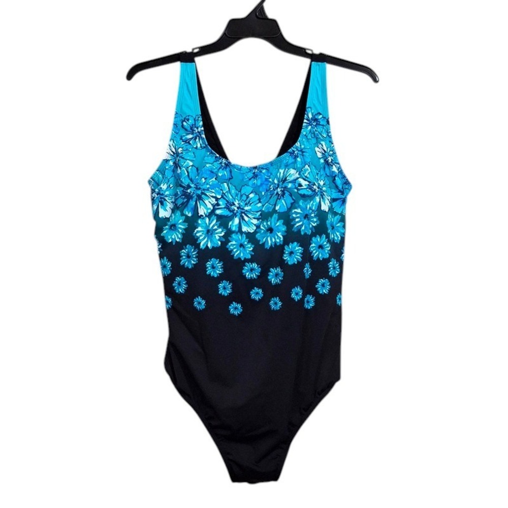 Swimsuits For All 22 Black Blue Floral Ombre One Piece Tummy Control Swimsuit